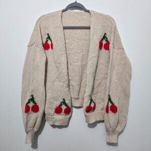 Womens Cream Cherry Open Knit Cardigan Sweater Sz XL Cottagecore Country Girly